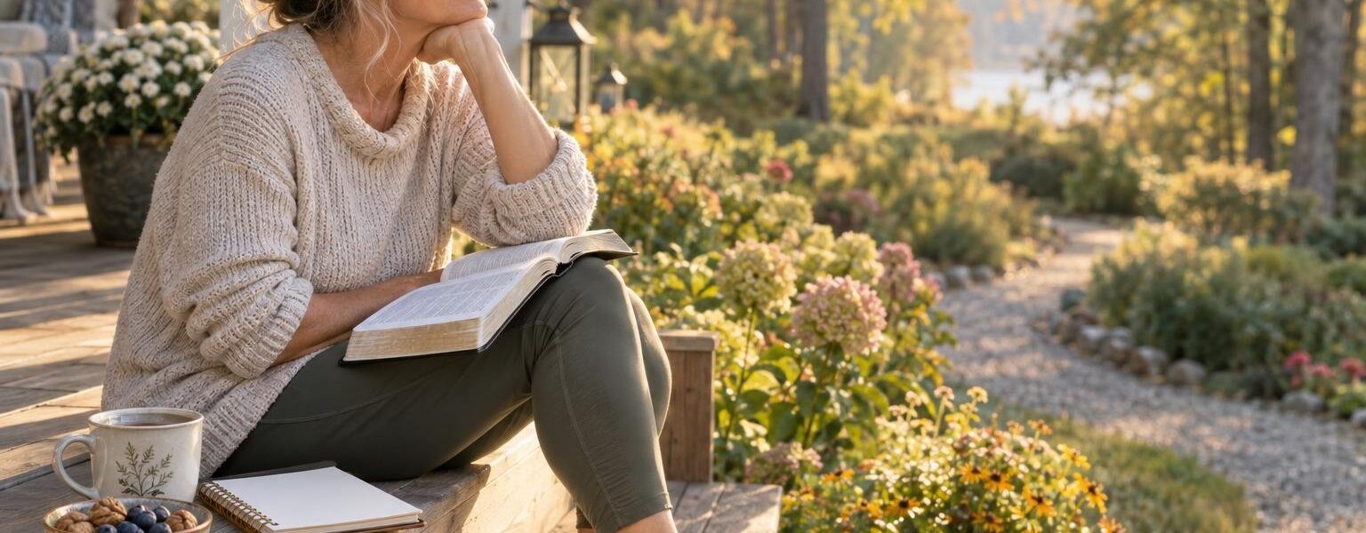 Person on a sunlit porch with an open Bible and tea, reflecting on glucosamine and Alzheimer's research before a walk