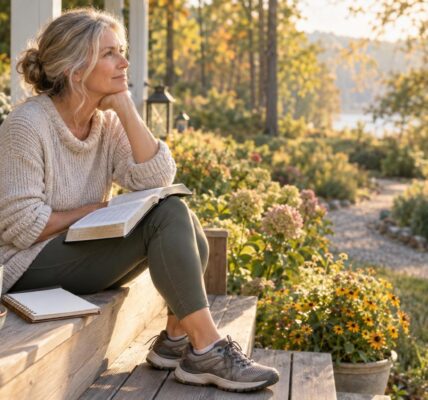 Person on a sunlit porch with an open Bible and tea, reflecting on glucosamine and Alzheimer's research before a walk