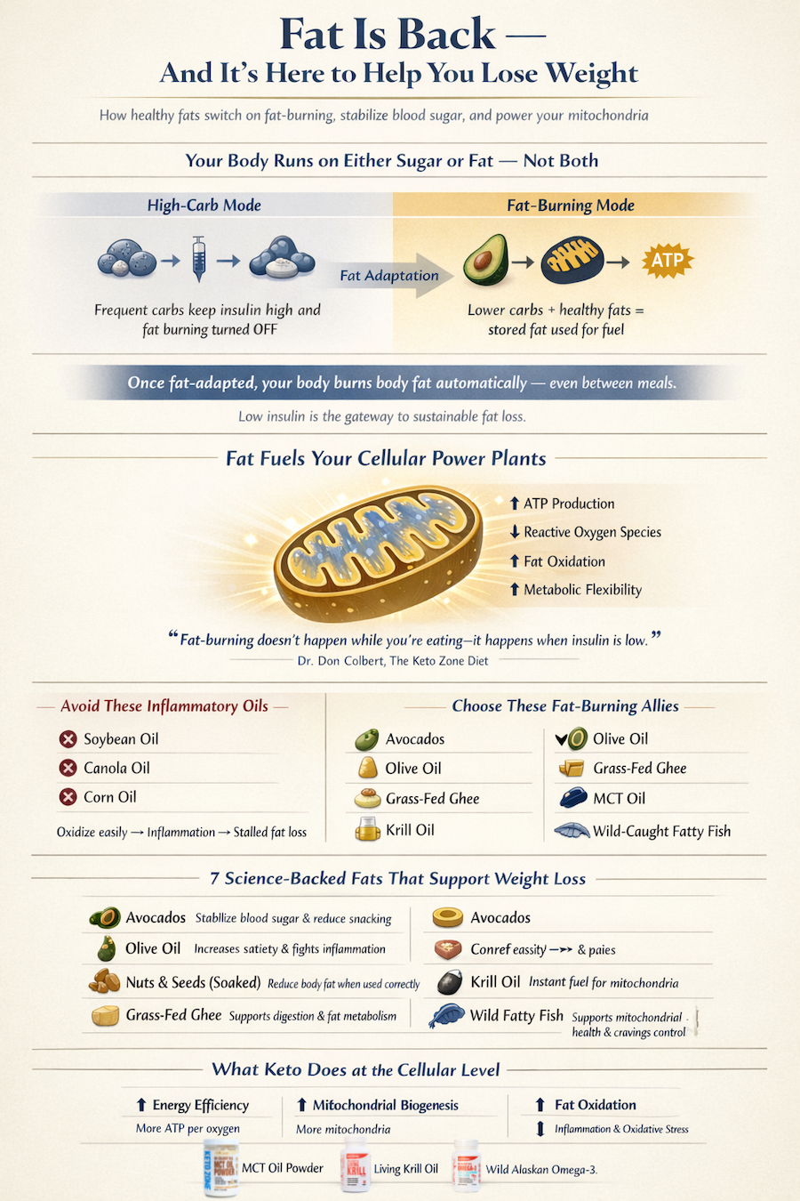 Infographic explaining how healthy fats activate fat burning by stabilizing insulin, fueling mitochondria, and increasing ATP production