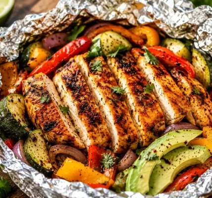 Keto Zone spicy grilled chicken foil packets recipe featuring grilled chicken, zucchini, bell peppers, red onion, and avocado for a healthy low-carb keto meal