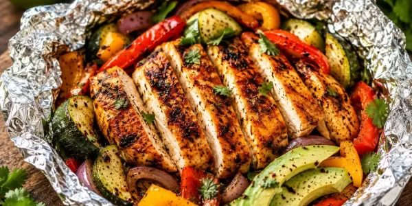 Keto Zone spicy grilled chicken foil packets recipe featuring grilled chicken, zucchini, bell peppers, red onion, and avocado for a healthy low-carb keto meal