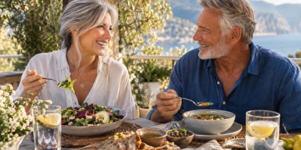 Couple in their 60s enjoying a light healthy lunch of salad and vegetable soup on a sunny patio