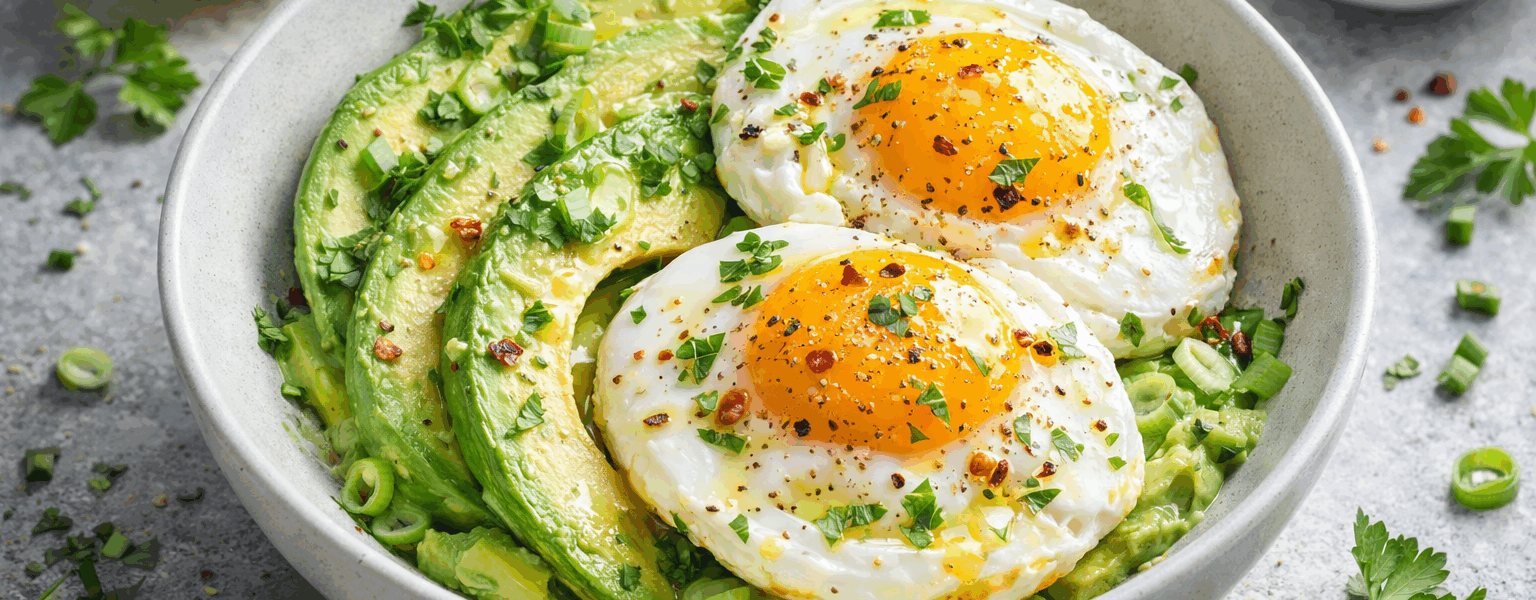 Avocado egg power bowl with olive oil, herbs, and pasture-raised eggs – simple Keto Zone breakfast recipe