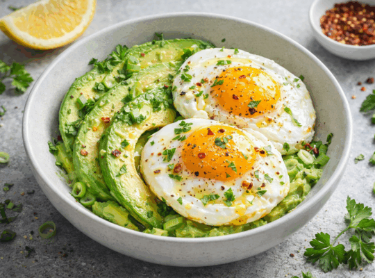 Avocado egg power bowl with olive oil, herbs, and pasture-raised eggs – simple Keto Zone breakfast recipe