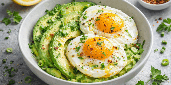 Avocado egg power bowl with olive oil, herbs, and pasture-raised eggs – simple Keto Zone breakfast recipe