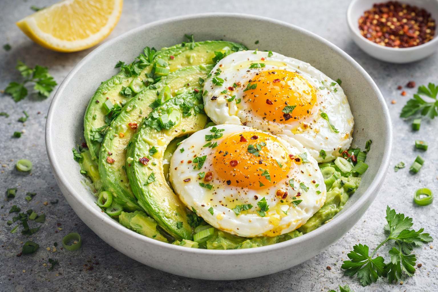 Avocado egg power bowl with olive oil, herbs, and pasture-raised eggs – simple Keto Zone breakfast recipe