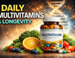 Daily multivitamin bottle with fruits and vegetables representing research on multivitamins and biological aging