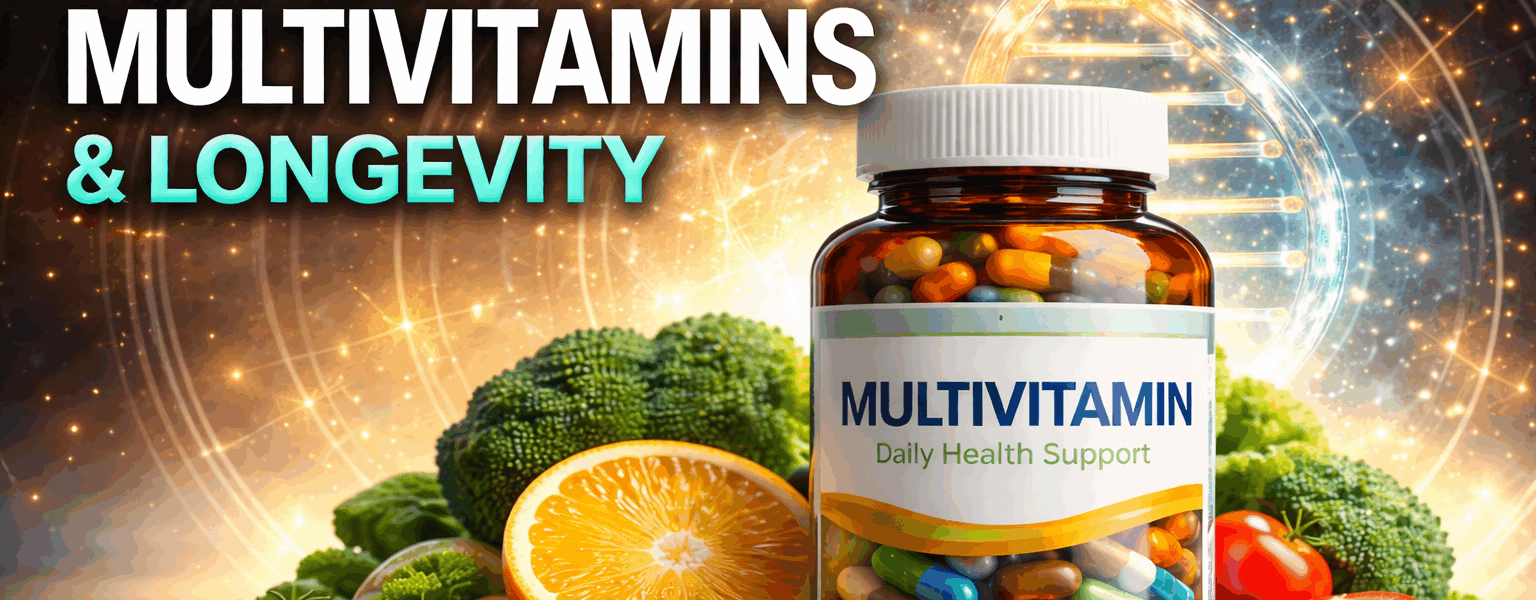 Daily multivitamin bottle with fruits and vegetables representing research on multivitamins and biological aging