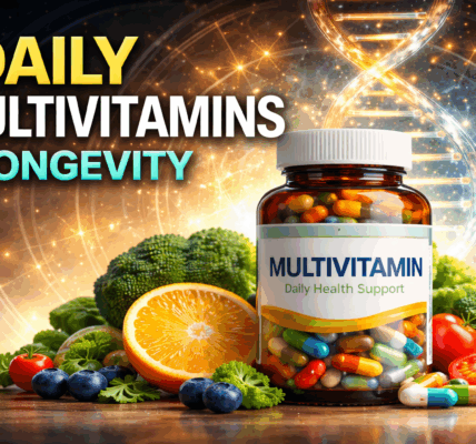 Daily multivitamin bottle with fruits and vegetables representing research on multivitamins and biological aging