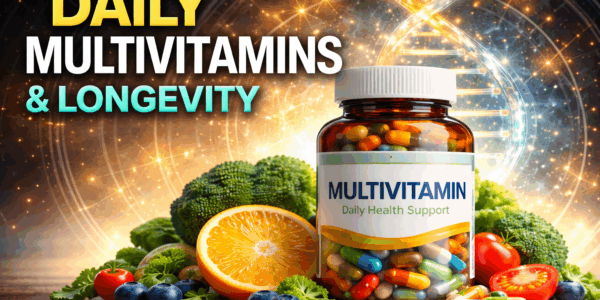 Daily multivitamin bottle with fruits and vegetables representing research on multivitamins and biological aging