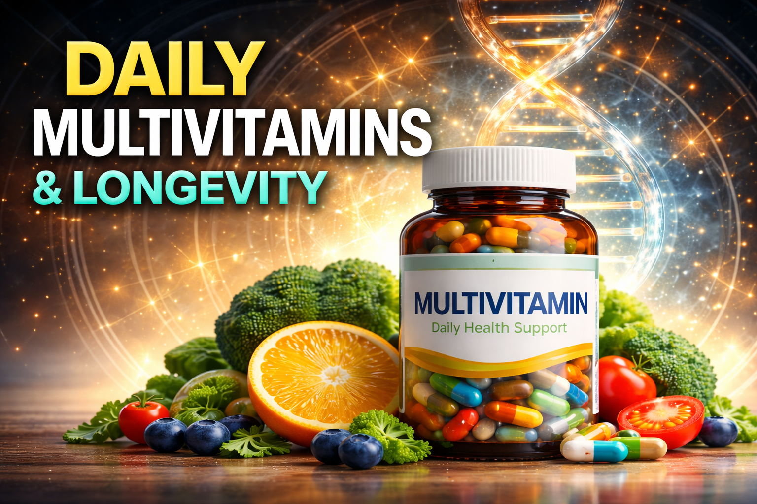 Daily multivitamin bottle with fruits and vegetables representing research on multivitamins and biological aging