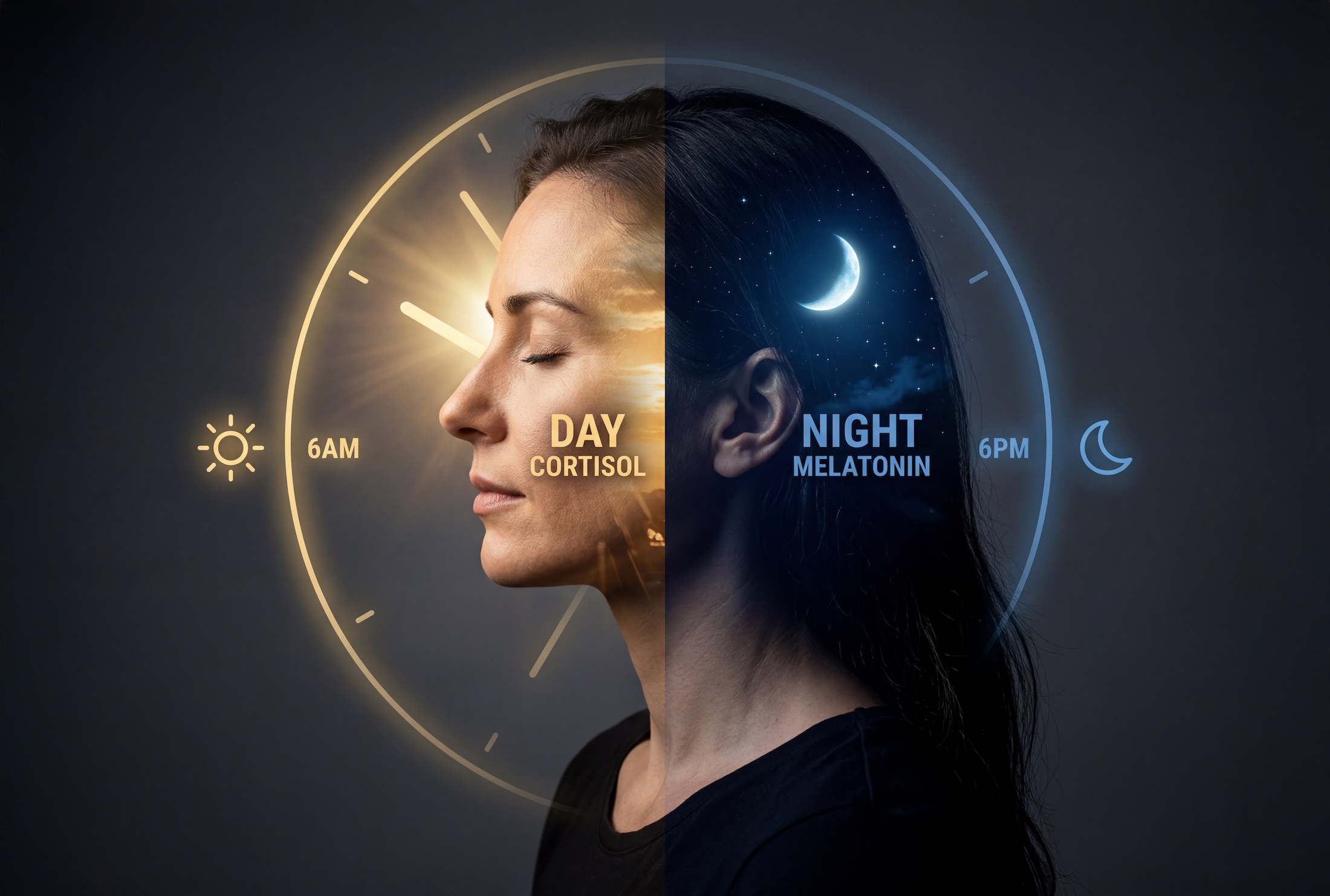Conceptual illustration of the human circadian rhythm showing the balance between day and night, cortisol and melatonin levels, and the internal biological clock