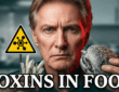 Dr. Don Colbert holding moldy fries and a gray contaminated burger next to a yellow toxic hazard warning sign with the text "Toxins in Food"