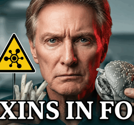 Dr. Don Colbert holding moldy fries and a gray contaminated burger next to a yellow toxic hazard warning sign with the text "Toxins in Food"