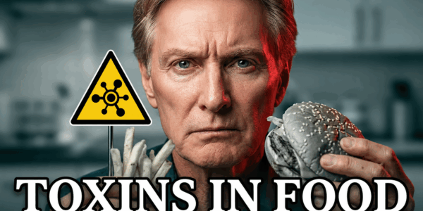 Dr. Don Colbert holding moldy fries and a gray contaminated burger next to a yellow toxic hazard warning sign with the text "Toxins in Food"