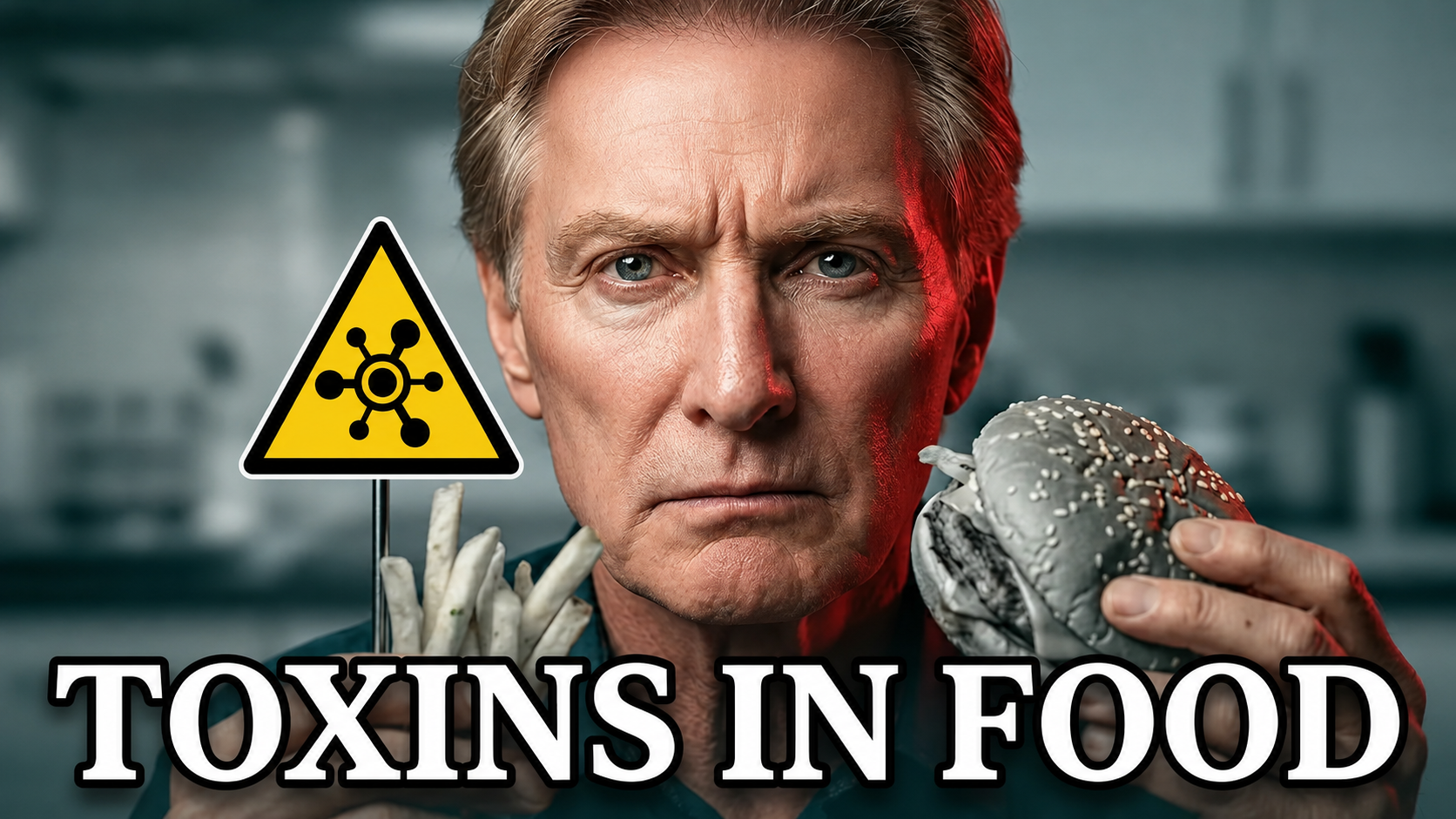 Dr. Don Colbert holding moldy fries and a gray contaminated burger next to a yellow toxic hazard warning sign with the text "Toxins in Food"