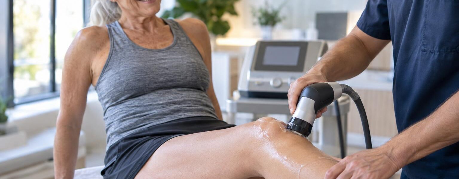 SoftWave therapy for joint pain: clinician using a SoftWave applicator on a smiling woman's knee
