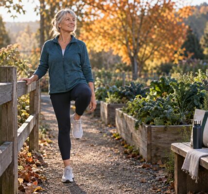 Person doing a gentle balance exercise on a sunlit garden path, a simple habit linked to autophagy and aging research