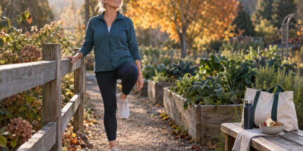 Person doing a gentle balance exercise on a sunlit garden path, a simple habit linked to autophagy and aging research
