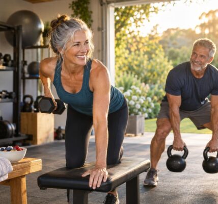 Couple in their late fifties strength training at home, illustrating creatine for older adults and healthy muscle aging