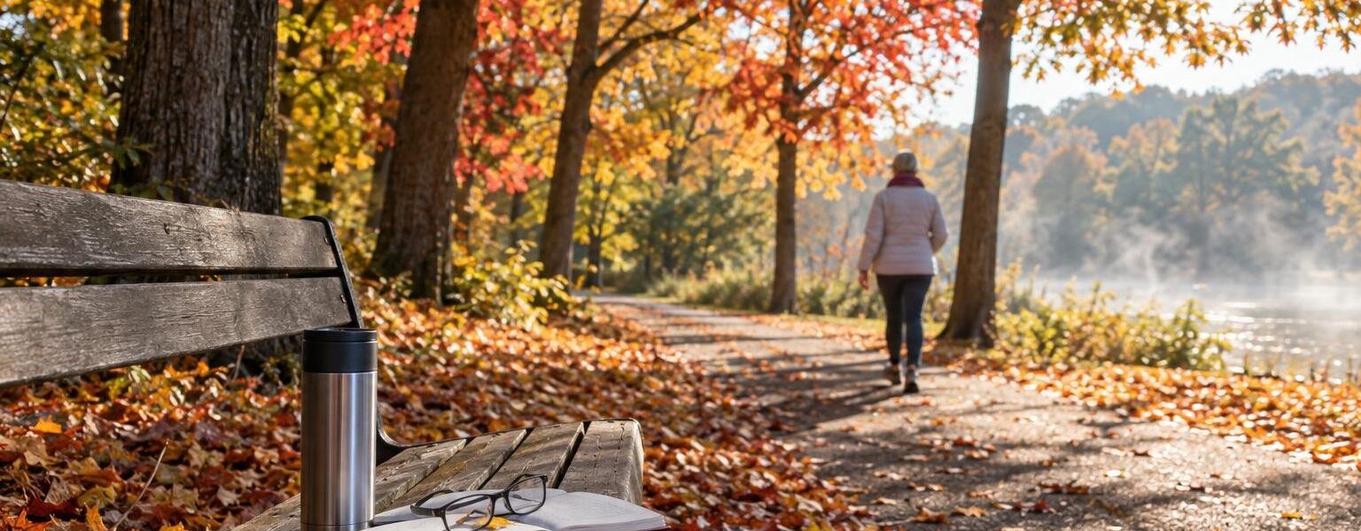 Morning walking trail lined with autumn trees and golden sunlight, a peaceful reminder of daylight and dementia risk research