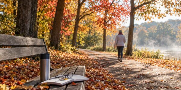 Morning walking trail lined with autumn trees and golden sunlight, a peaceful reminder of daylight and dementia risk research