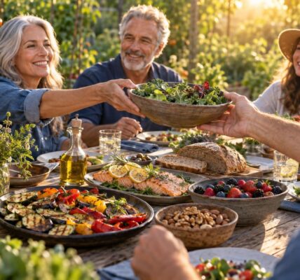 Outdoor garden table of grilled vegetables, salmon, berries, greens and nuts illustrating diet and biological aging research