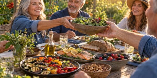 Outdoor garden table of grilled vegetables, salmon, berries, greens and nuts illustrating diet and biological aging research