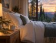 Bedroom at dusk with a ceramic cup and cypress sprig on the nightstand, a calm way to use essential oils for sleep