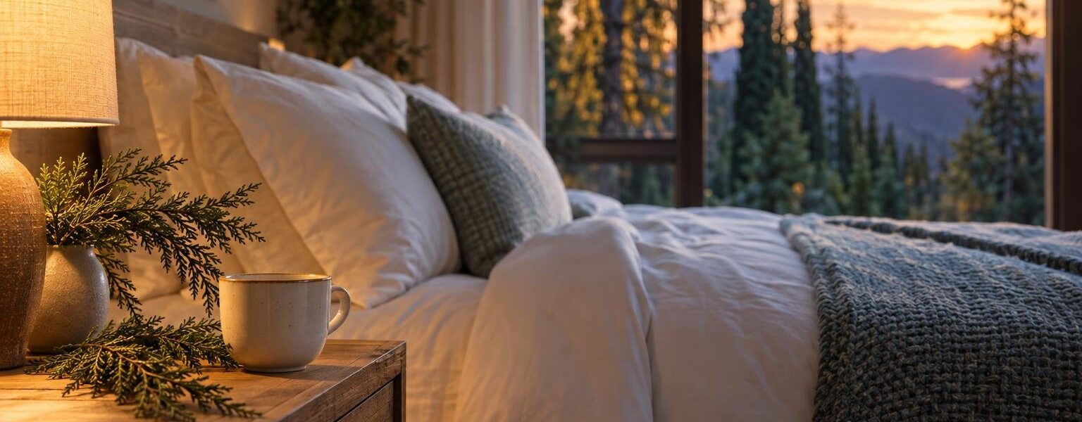 Bedroom at dusk with a ceramic cup and cypress sprig on the nightstand, a calm way to use essential oils for sleep