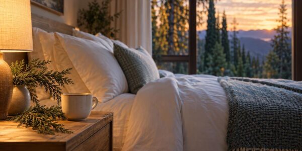 Bedroom at dusk with a ceramic cup and cypress sprig on the nightstand, a calm way to use essential oils for sleep