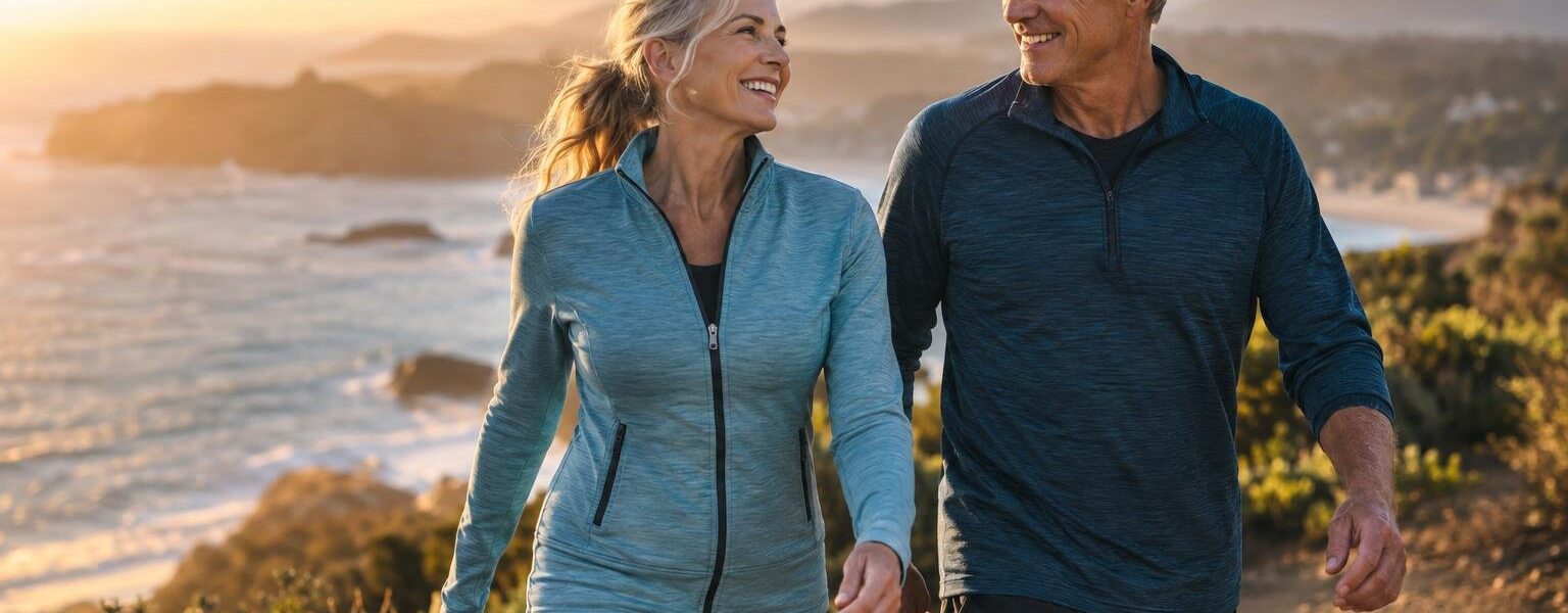 Two people walking side by side on a lakeside autumn path at sunset, a simple way to exercise with your spouse each week