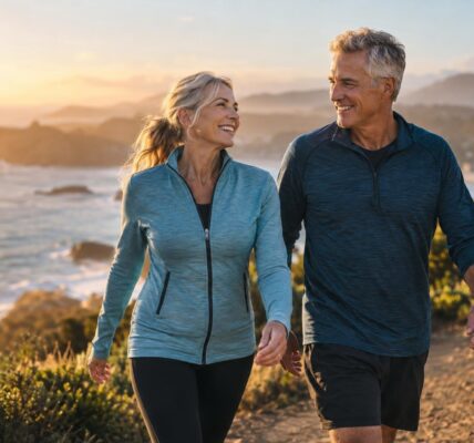 Two people walking side by side on a lakeside autumn path at sunset, a simple way to exercise with your spouse each week