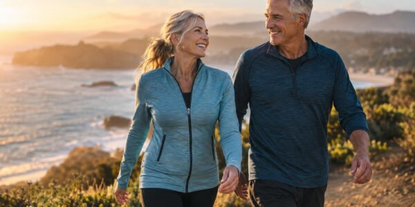 Two people walking side by side on a lakeside autumn path at sunset, a simple way to exercise with your spouse each week
