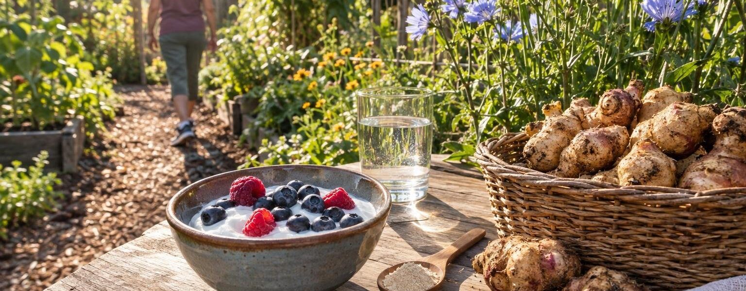 Garden table with yogurt, berries and Jerusalem artichokes, a food-first idea for fiber for knee arthritis pain