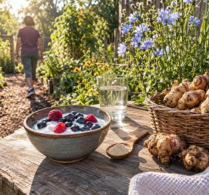 Garden table with yogurt, berries and Jerusalem artichokes, a food-first idea for fiber for knee arthritis pain