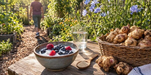 Garden table with yogurt, berries and Jerusalem artichokes, a food-first idea for fiber for knee arthritis pain