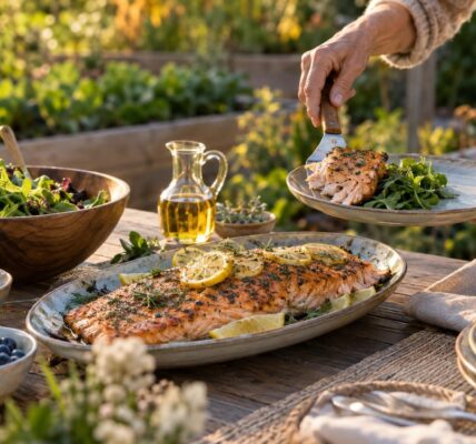 Grilled salmon, leafy greens, walnuts and blueberries on a garden table, a food-first approach to fish oil for brain health
