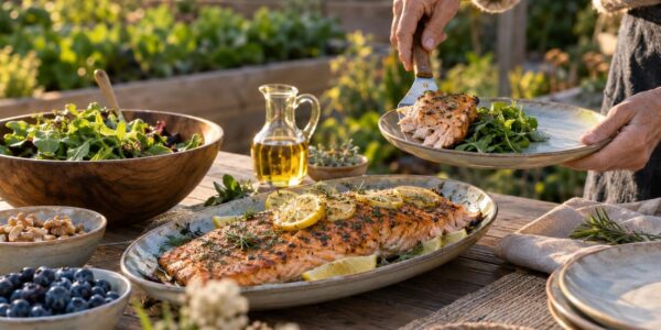 Grilled salmon, leafy greens, walnuts and blueberries on a garden table, a food-first approach to fish oil for brain health