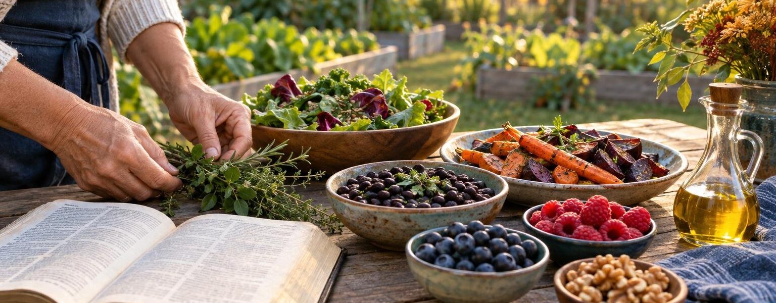 Garden table of fiber-rich vegetables, berries and beans, inspired by new research on gut bacteria and Alzheimer's