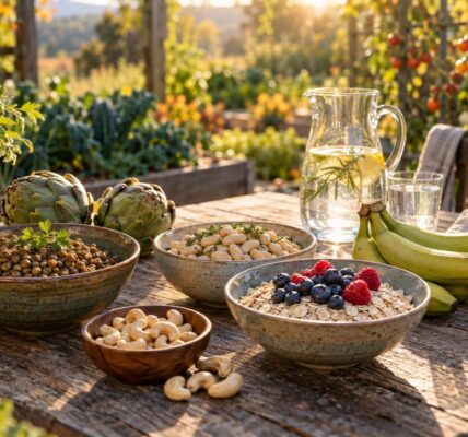 Rustic table of lentils, white beans, oats, berries and green bananas, whole foods for a high fiber diet gut bacteria love