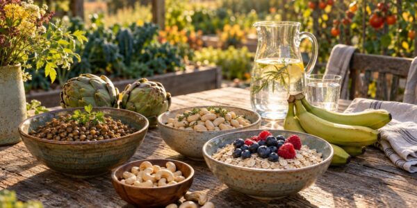Rustic table of lentils, white beans, oats, berries and green bananas, whole foods for a high fiber diet gut bacteria love