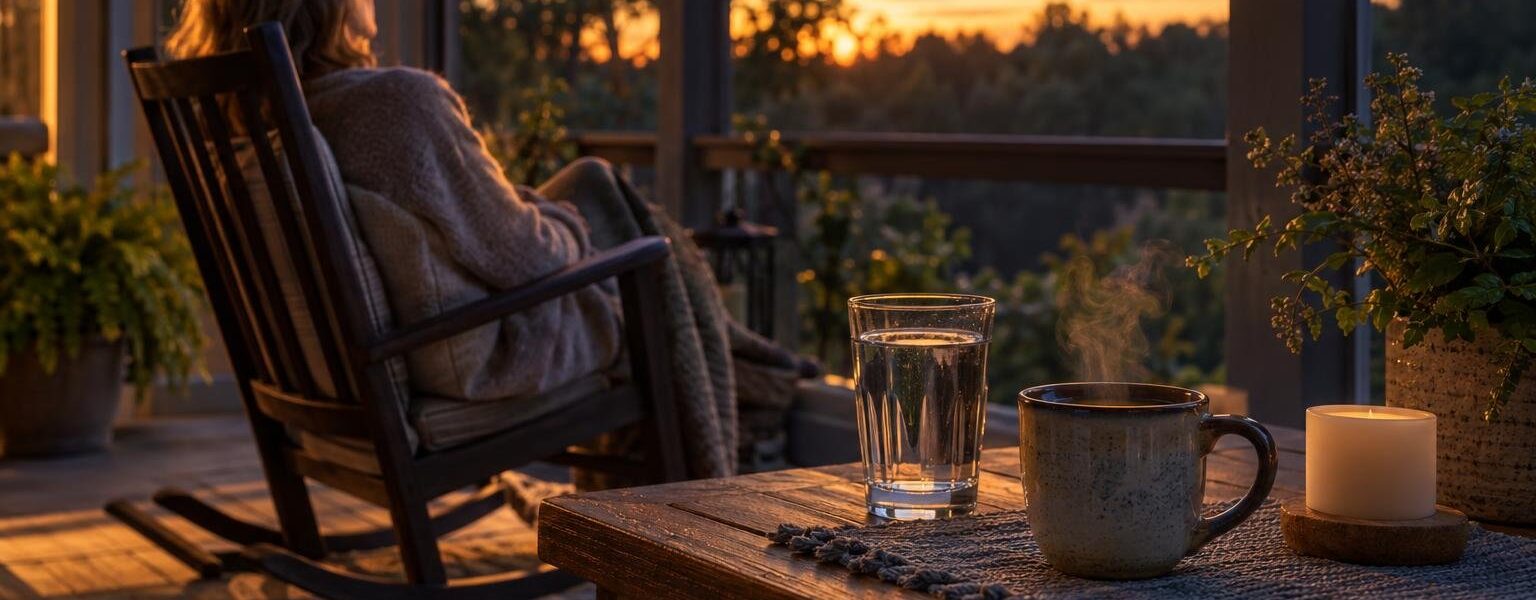 Quiet porch at dusk with herbal tea and a cleared table, a calm evening ritual to curb late night eating for liver health