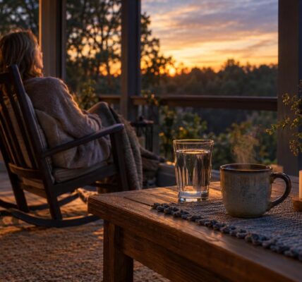 Quiet porch at dusk with herbal tea and a cleared table, a calm evening ritual to curb late night eating for liver health
