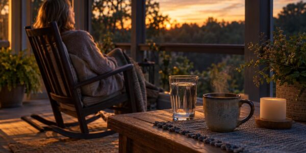 Quiet porch at dusk with herbal tea and a cleared table, a calm evening ritual to curb late night eating for liver health