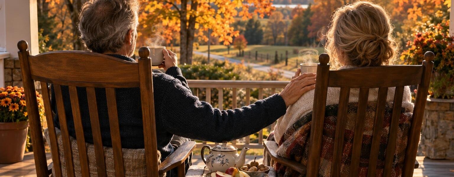 Two people share tea on a sunny autumn porch, a warm reminder of how loneliness and health are connected after 50