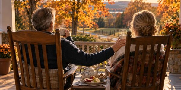Two people share tea on a sunny autumn porch, a warm reminder of how loneliness and health are connected after 50
