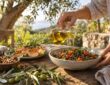 Olive oil, grilled salmon and lentils on a rustic garden table, a Mediterranean diet and aging meal in warm morning light