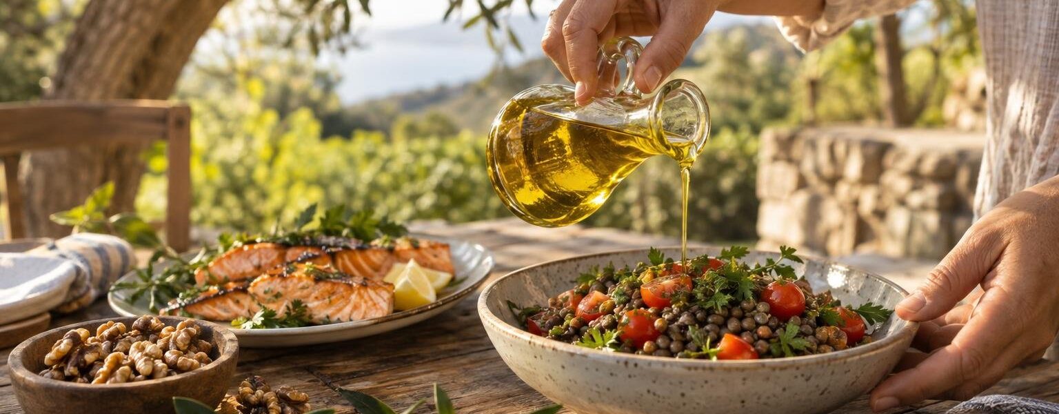 Olive oil, grilled salmon and lentils on a rustic garden table, a Mediterranean diet and aging meal in warm morning light