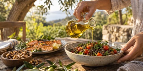Olive oil, grilled salmon and lentils on a rustic garden table, a Mediterranean diet and aging meal in warm morning light